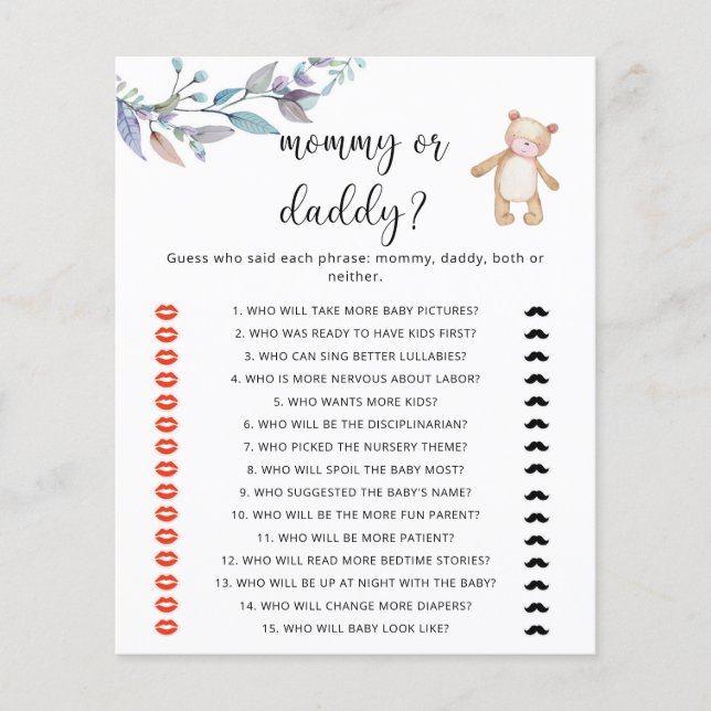 Jeu de baby shower « Ours maman ou papa » (Devant)