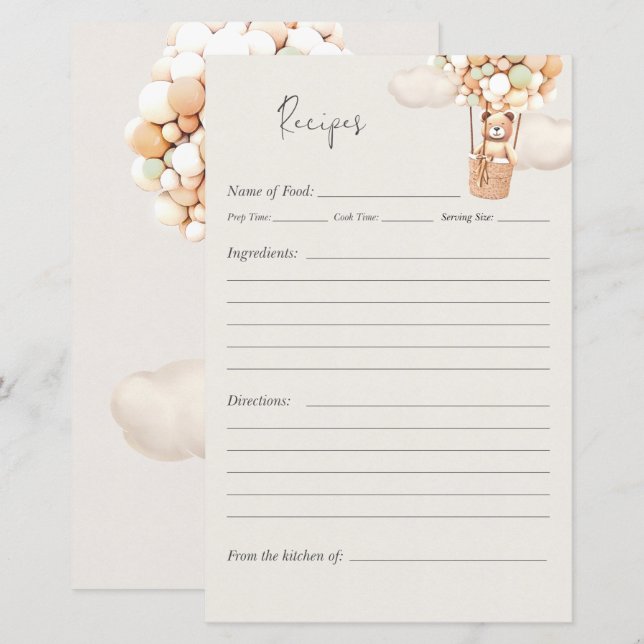 Jeu de Baby Shower Ours - Recettes (Devant / Derrière)