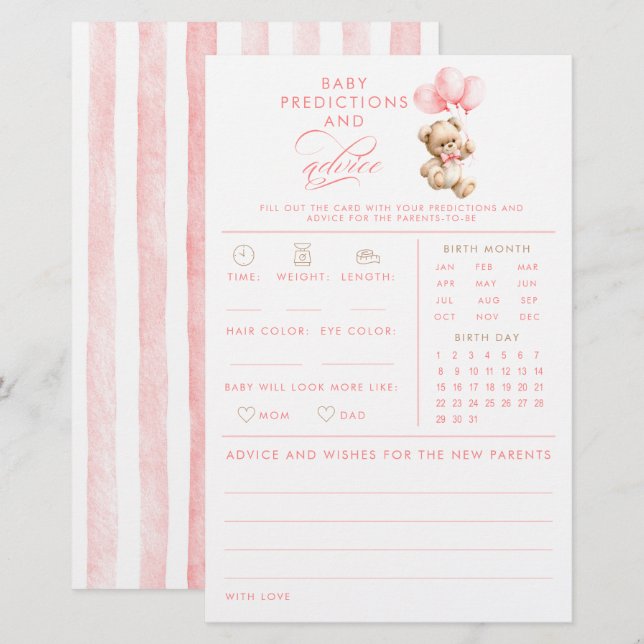 Jeu de baby shower Ourson Prédictions et Conseils  (Devant / Derrière)