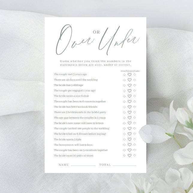 Jeu de baby shower Over ou Under vert sauge écritu (Sage green script Over or Under bridal shower game)