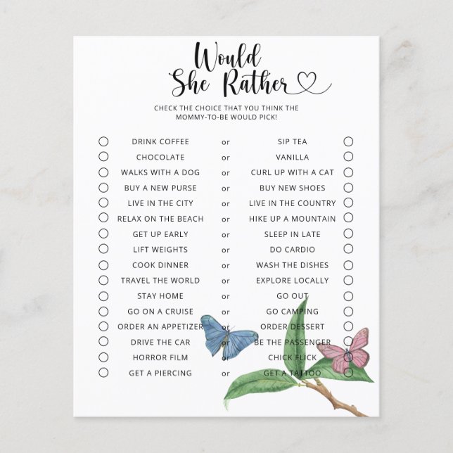 Jeu de baby shower Papillon / Préférerait-elle (Devant)