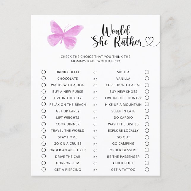 Jeu de baby shower Papillon / Préférerait-elle (Devant)