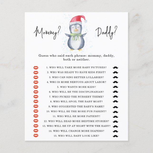 Jeu de baby shower Penguin - maman ou papa (Devant)