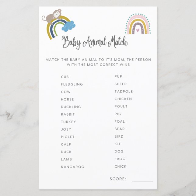 Jeu de Baby Shower pour Bébé Animal Correspond au  (Devant)