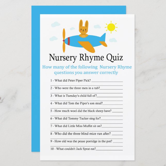 Jeu de baby shower pour le jeu Nursery Rhyme Quiz (Devant / Derrière)
