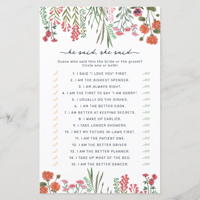 Jeu de baby shower pour mariage 'Fleurs sauvages I (Devant)