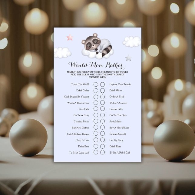 Jeu de Baby Shower pour Raton Laveur "Préférerait  (Gentle Raccoon Baby Shower Game Would Mom Rather)