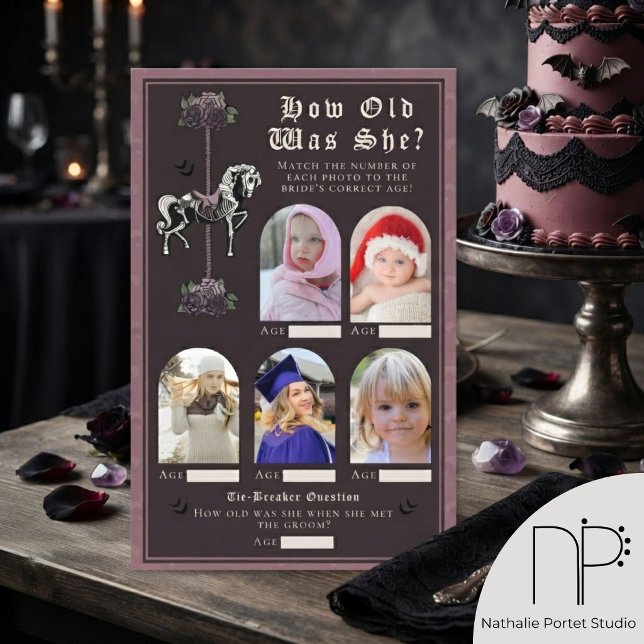 Jeu de Baby Shower Quel Âge Avait-elle Cheval de S (hand-drawn vintage carousel skeleton horse and mauve roses for a chic dark romance aesthetic. )
