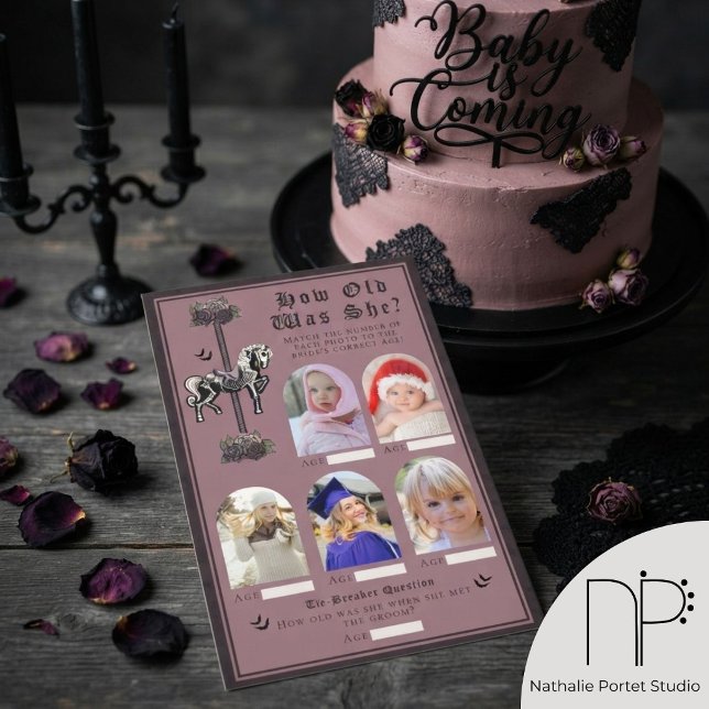 Jeu de Baby Shower Quel Âge Avait-Elle Cheval de S (Moody dark mauve gothic "How Old Was She" game card for alternative bridal shower celebration)