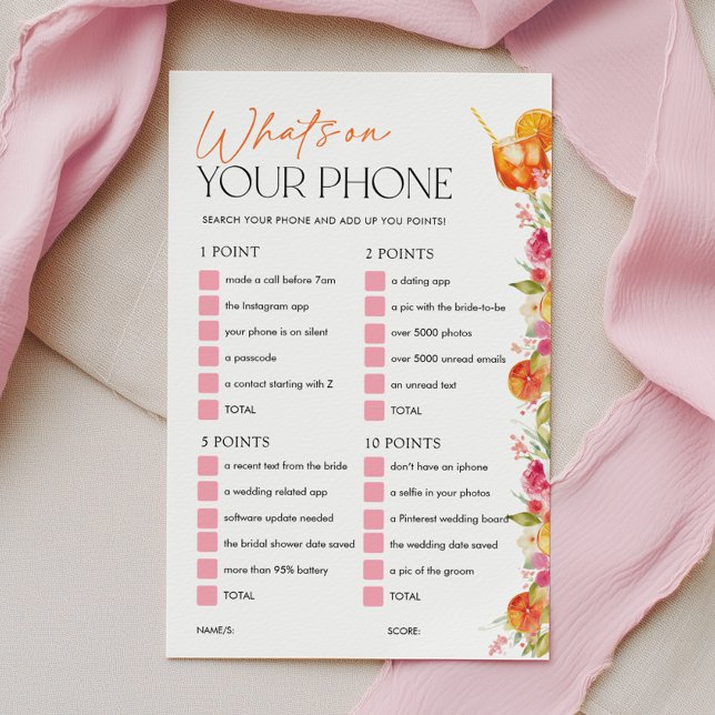 Jeu de baby shower : Quel est le contenu de votre  (What's on your phone? Bridal Shower Citrus Theme | Love at First Spritz | Pink Orange)