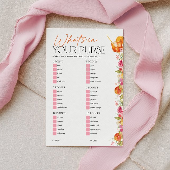 Jeu de Baby Shower : Qu'est-ce qu'il y a dans votr (What's in your purse? Bridal Shower game | Love at First Spritz Floral Citrus theme)