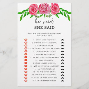 Jeu de baby shower Roses Il a dit elle a dit