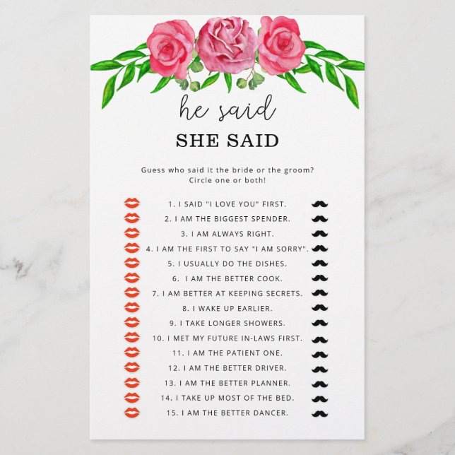 Jeu de baby shower Roses Il a dit elle a dit (Devant)