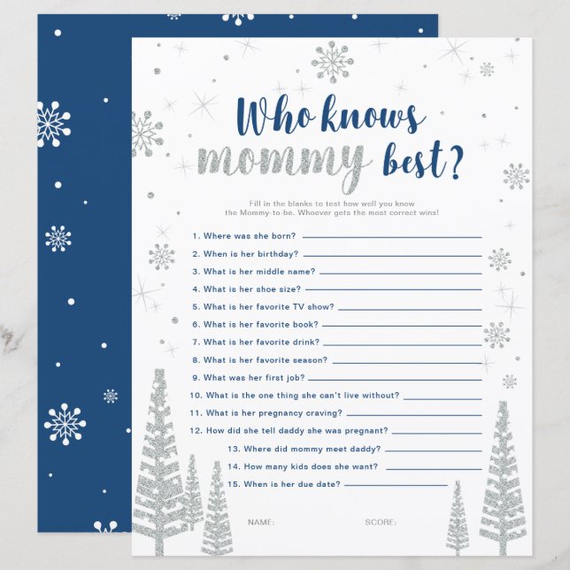 Jeu de Baby Shower Silver & Blue Winter Wonderland (Devant / Derrière)