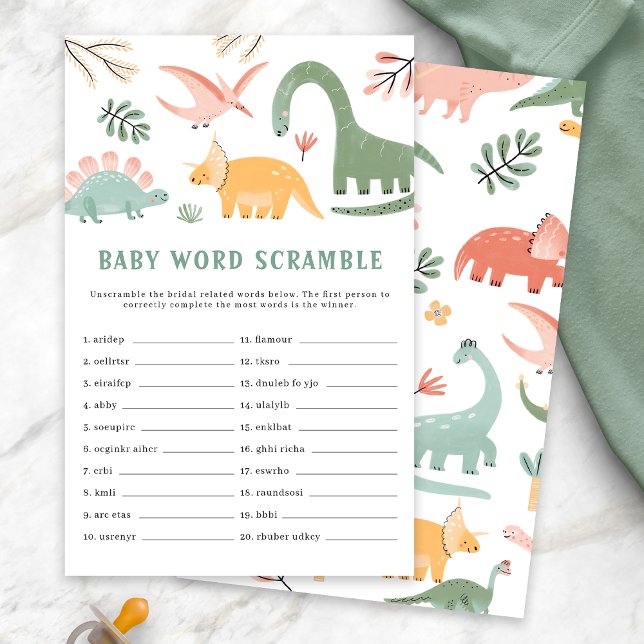 Jeu de Baby Shower sur le thème des dinosaures (Dinosaur Baby Shower Baby Word Scramble Game Card by Painted Paperie)