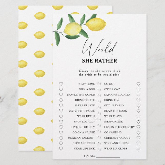 Jeu de baby shower sur le thème du citron (Devant / Derrière)