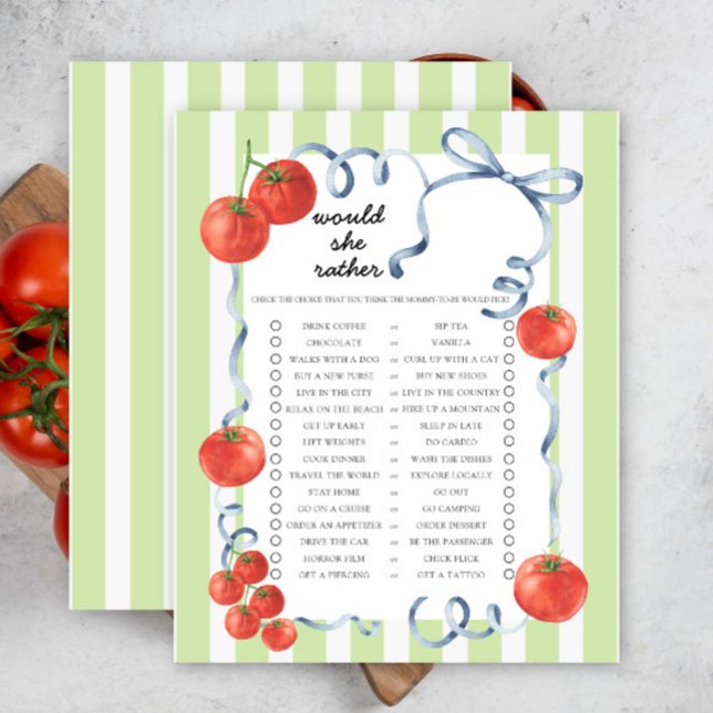 Jeu de Baby Shower 'Tomate: Préférerait-Elle' (Créateur téléchargé)