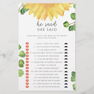 Jeu de baby shower tournesol Il a dit qu'elle avai