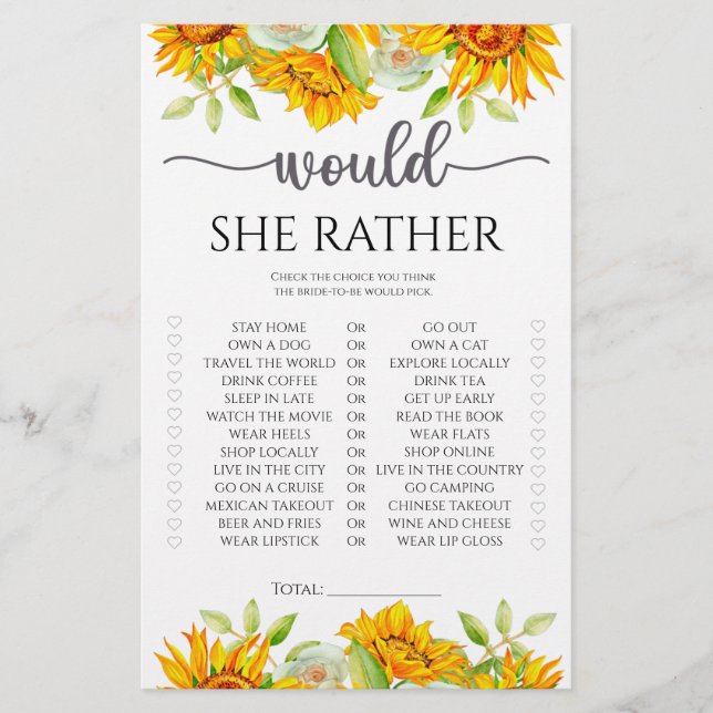 Jeu de baby shower «Tournesol Would she rather»  (Devant)