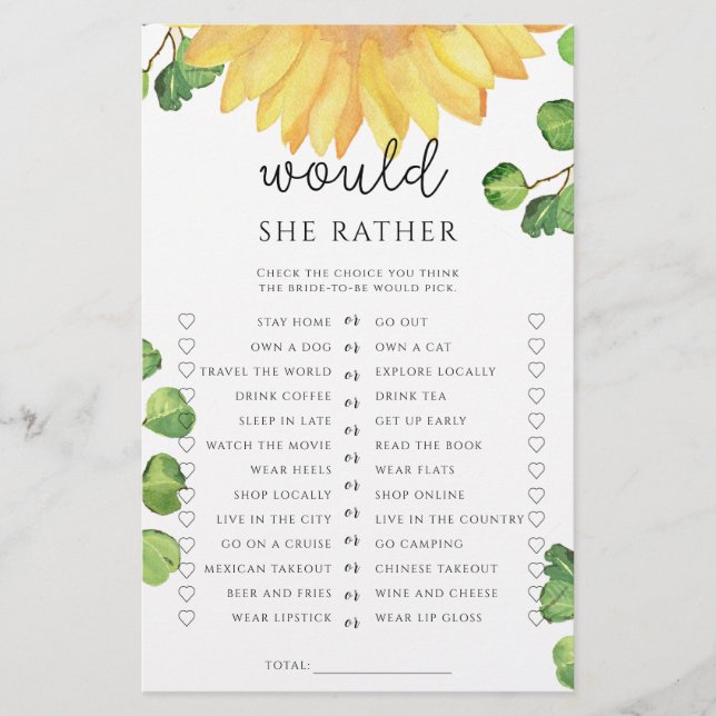 Jeu de baby shower "Tournesol Would she rather" (Devant)