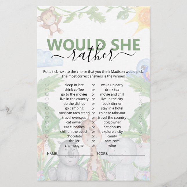 Jeu de baby shower "Wild One Safari Would She Rath (Devant)