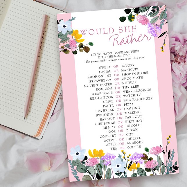 Jeu de baby shower Wildflower 'Would She Rather' (Would she rather guessing game card from my Wildflower Lawn Collection.
)