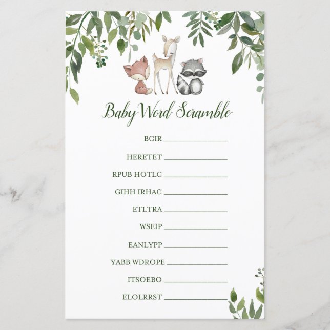 Jeu de Baby shower Woodland - Bébé Word Scramble (Devant)