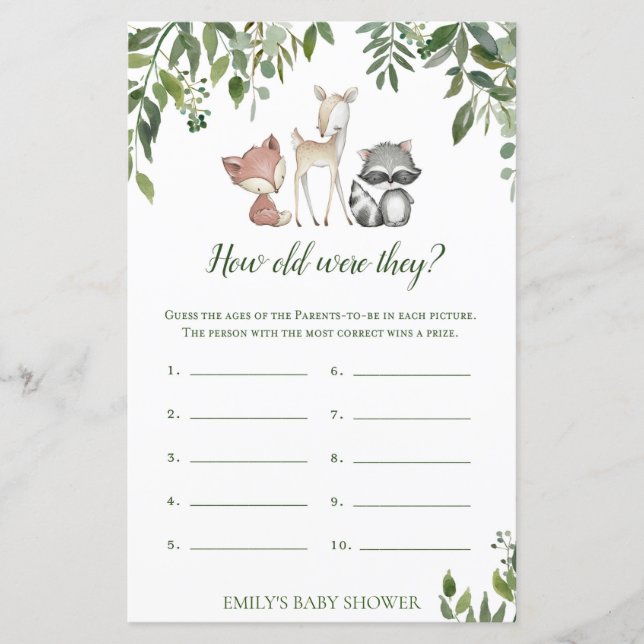 Jeu de Baby shower Woodland - Quel Âge Avaient-Ils (Devant)