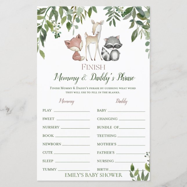 Jeu de Baby shower Woodland - Terminer la phrase (Devant)