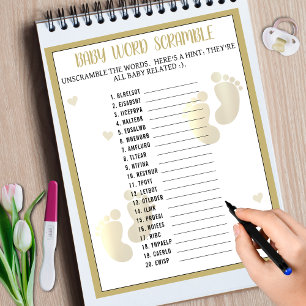 Jeu de Baby shower Word Scramble Gold Footprint