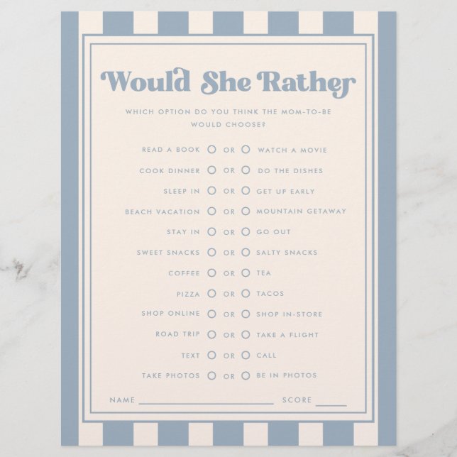 Jeu de baby shower "Would She Rather" bleu moderne (Devant)