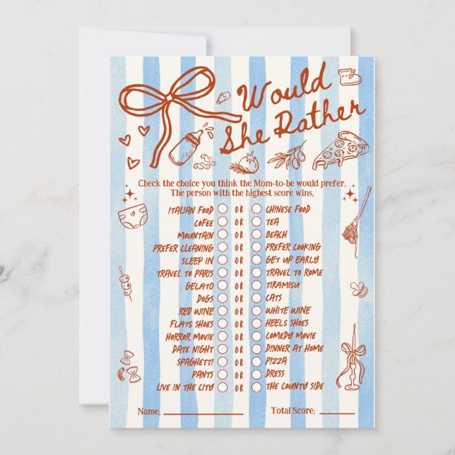 Jeu de Baby Shower "Would She Rather" en Bleu (Devant)