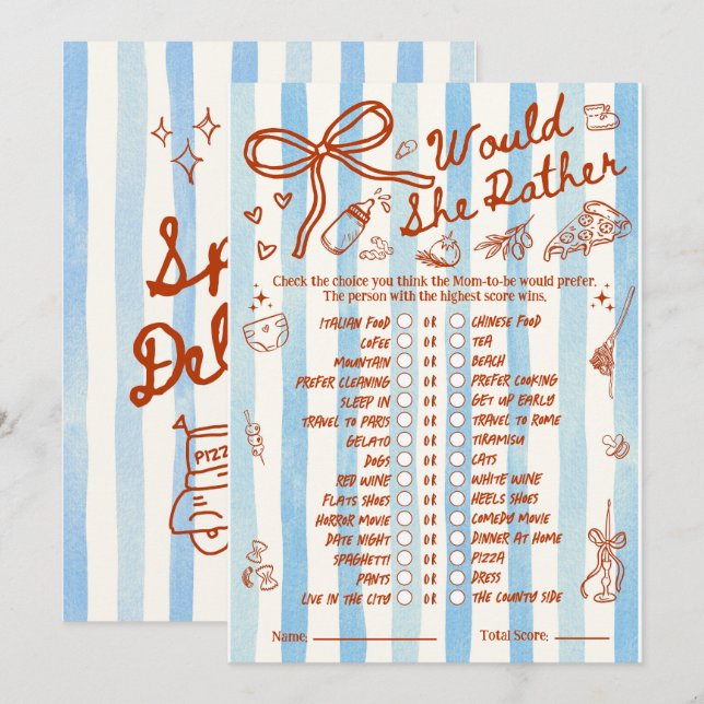 Jeu de Baby Shower "Would She Rather" en Rouge Ble (Devant / Derrière)