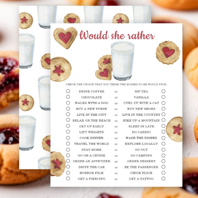 Jeu de baby shower 'Would she rather Milk Cookies' (Créateur téléchargé)
