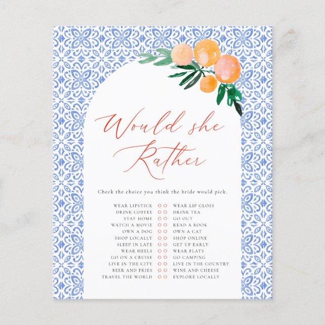 Jeu de Baby Shower Would She Rather Orange Spritz (Devant)