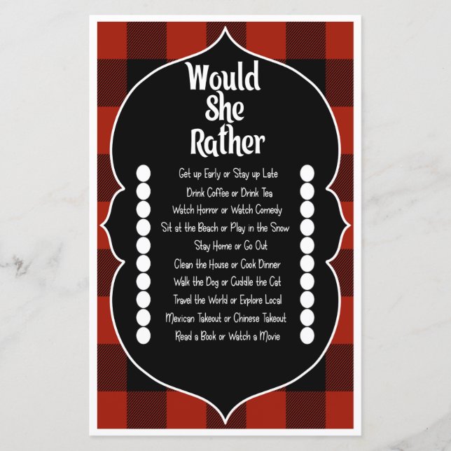 Jeu de Baby Shower 'Would she Rather Red Flannel' (Devant)