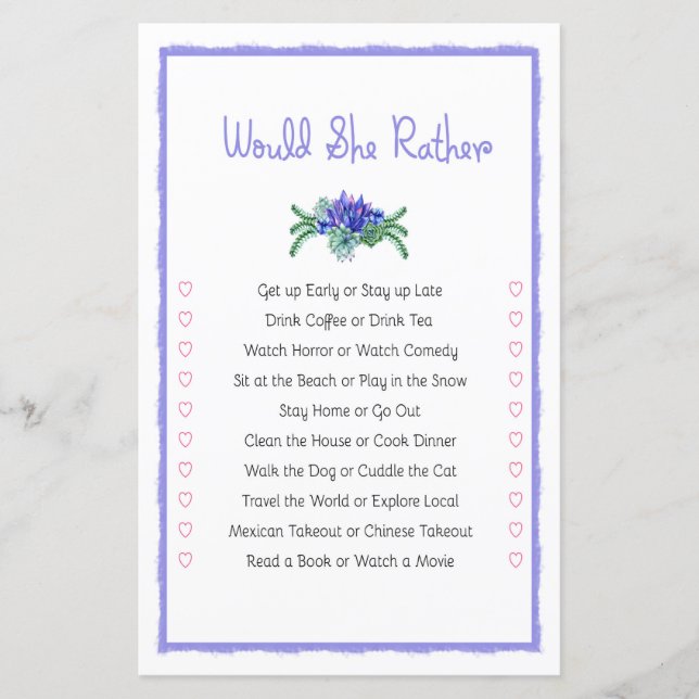 Jeu de Baby Shower 'Would She Rather Succulent' (Devant)