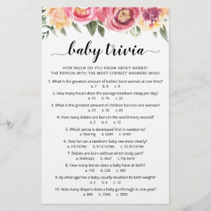 Jeu de Baby Trivia avec réponses Baby Shower party