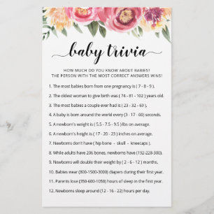 Jeu de Baby Trivia avec réponses Baby Shower party