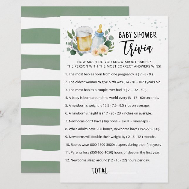 Jeu de Baby Trivia Greenery Baby Is Brewing fête (Devant / Derrière)