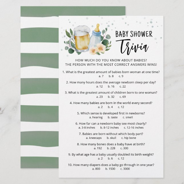 Jeu de Baby Trivia Greenery Baby Is Brewing fête (Devant / Derrière)