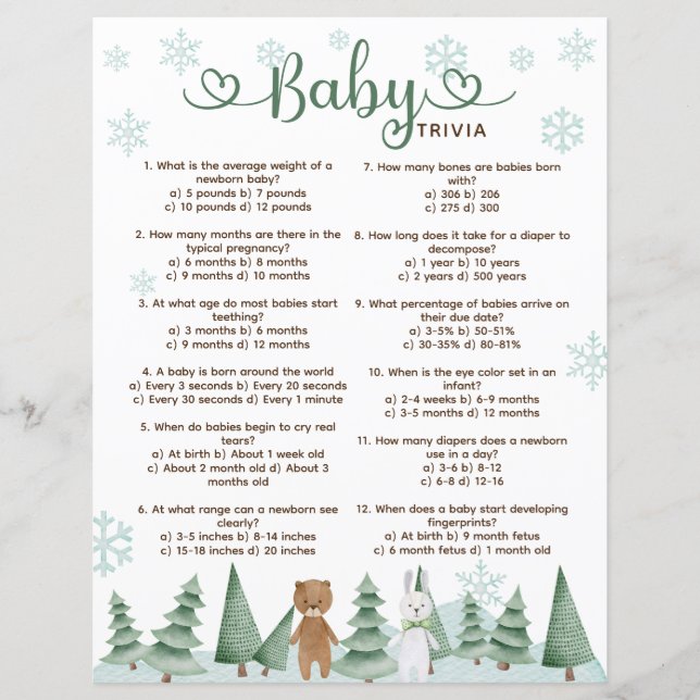 Jeu de Baby Trivia sur le thème mignon de la forêt (Devant)