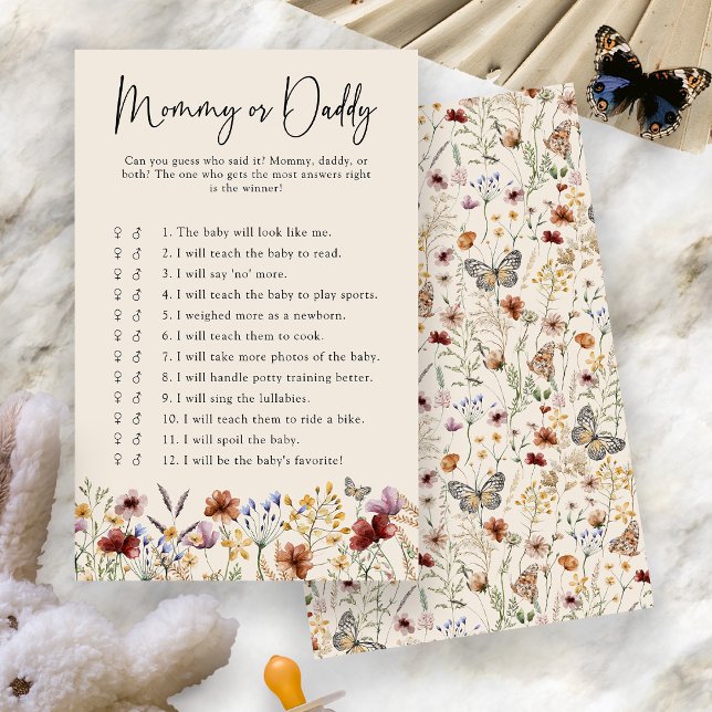 Jeu de bébé Maman ou Papa (Boho Floral Mommy Or Daddy Baby Game Card by Painted Paperie
)