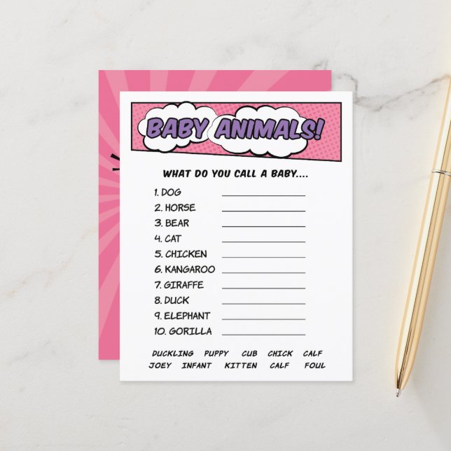 Jeu de bébé sur les animaux pour une baby shower s (Devant/Arrière en situation)