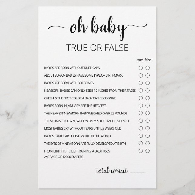 Jeu de Bébé Vérité ou Faussité avec Réponses (Devant)