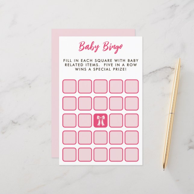 Jeu de bingo avec ruban rose pour Baby Shower (Devant/Arrière en situation)