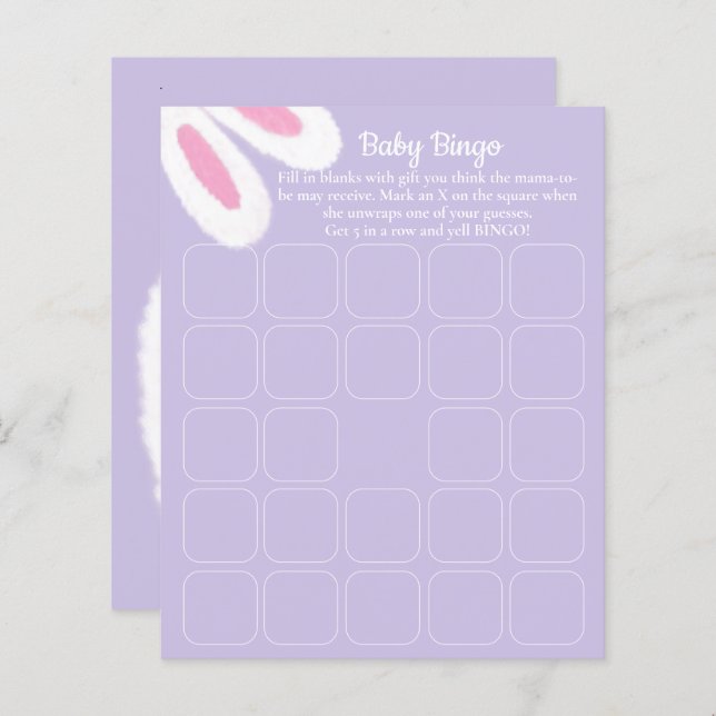 Jeu de Bingo Baby shower Bunny mauve (Devant / Derrière)