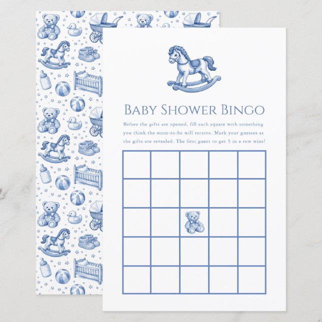 Jeu de bingo Baby Shower Cheval à Bascule Bleu et  (Devant / Derrière)
