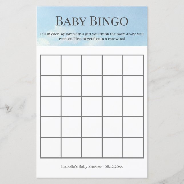 Jeu de bingo Baby Shower Ciel et Nuages Magnifique (Devant)