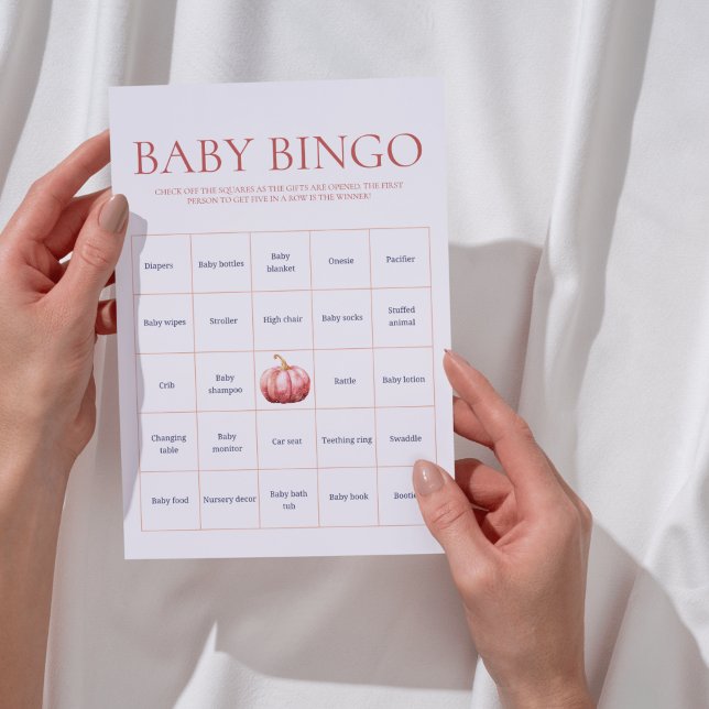 Jeu de bingo Baby Shower Citrouille Aquarelle Rose (Pink Pumpkin Baby Bingo Card)